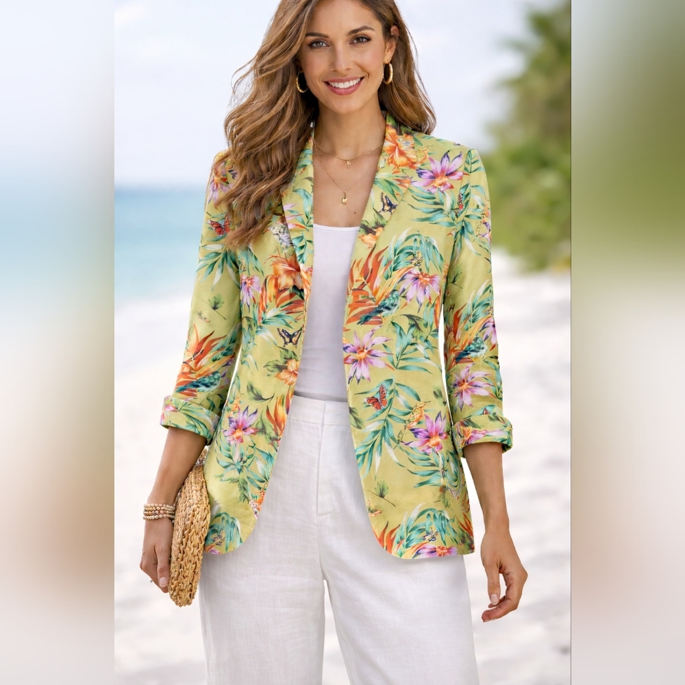 Harve Benard Silk Floral Jacket in Olive, Orange and Pink